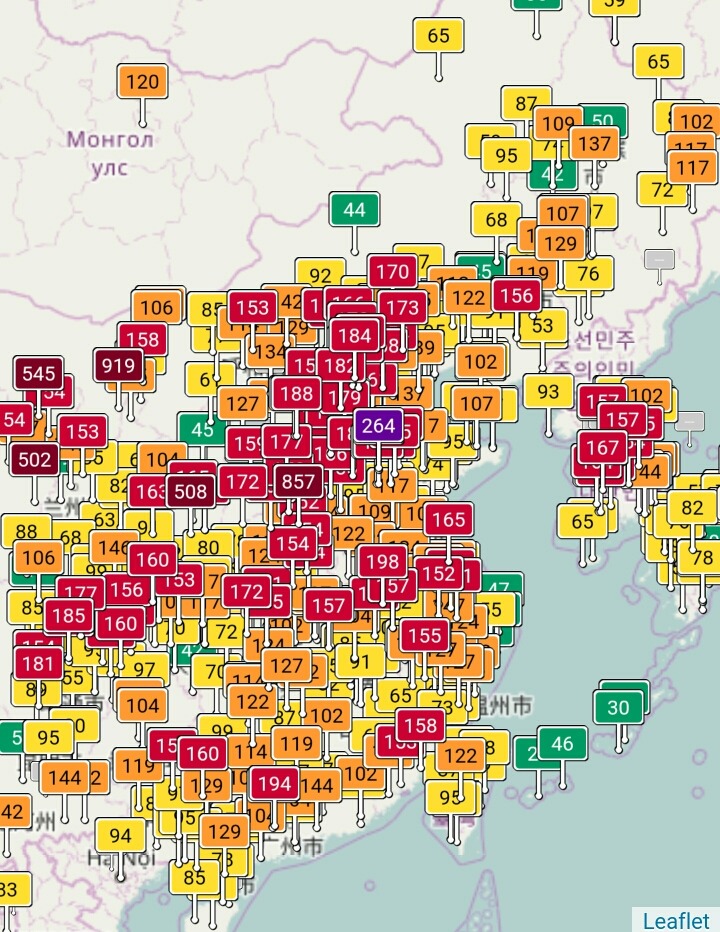 현시각 동아시아 미세먼지 수치 | 인스티즈
